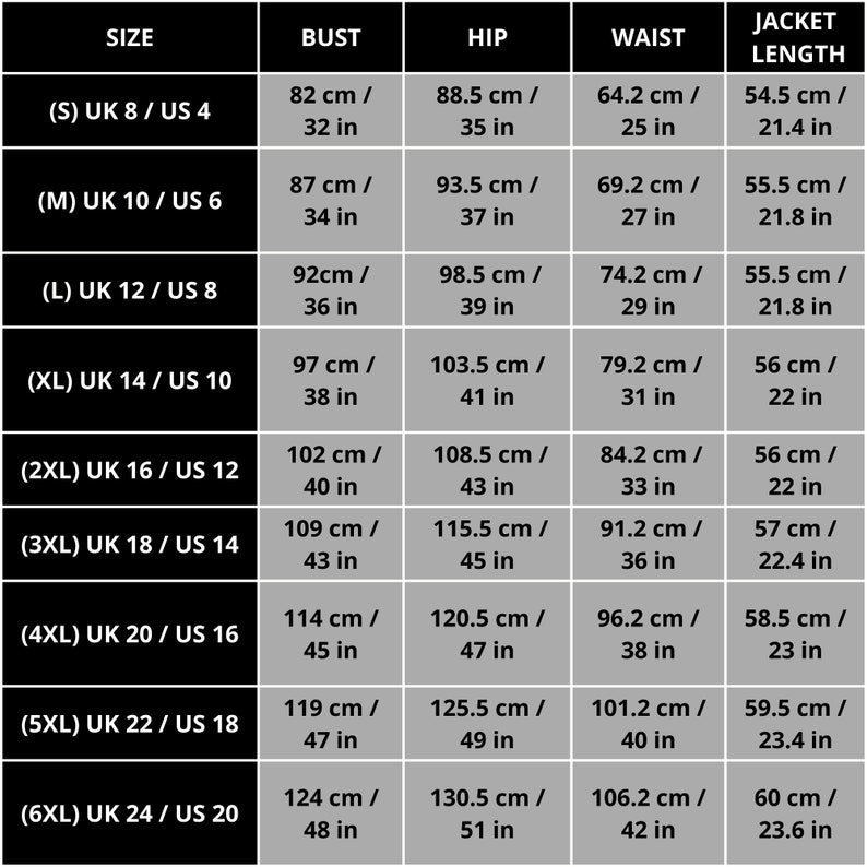 A graphical representation of various sizes and measurements to help customers find their perfect fit