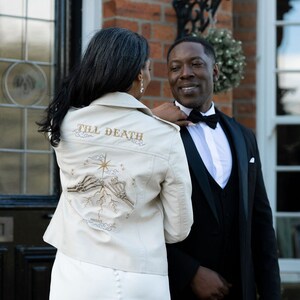 Ivory Bride Leather Jacket with Skeleton Pinky Promise Design - Custom Bridal Cover Up for Gothic Wedding