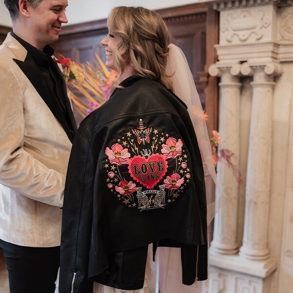 Embroidered Leather Jacket Embroidery Leather Jacket Personalized Leather Jacket For the Bride Premium Embroidered Faux Leather Jacket