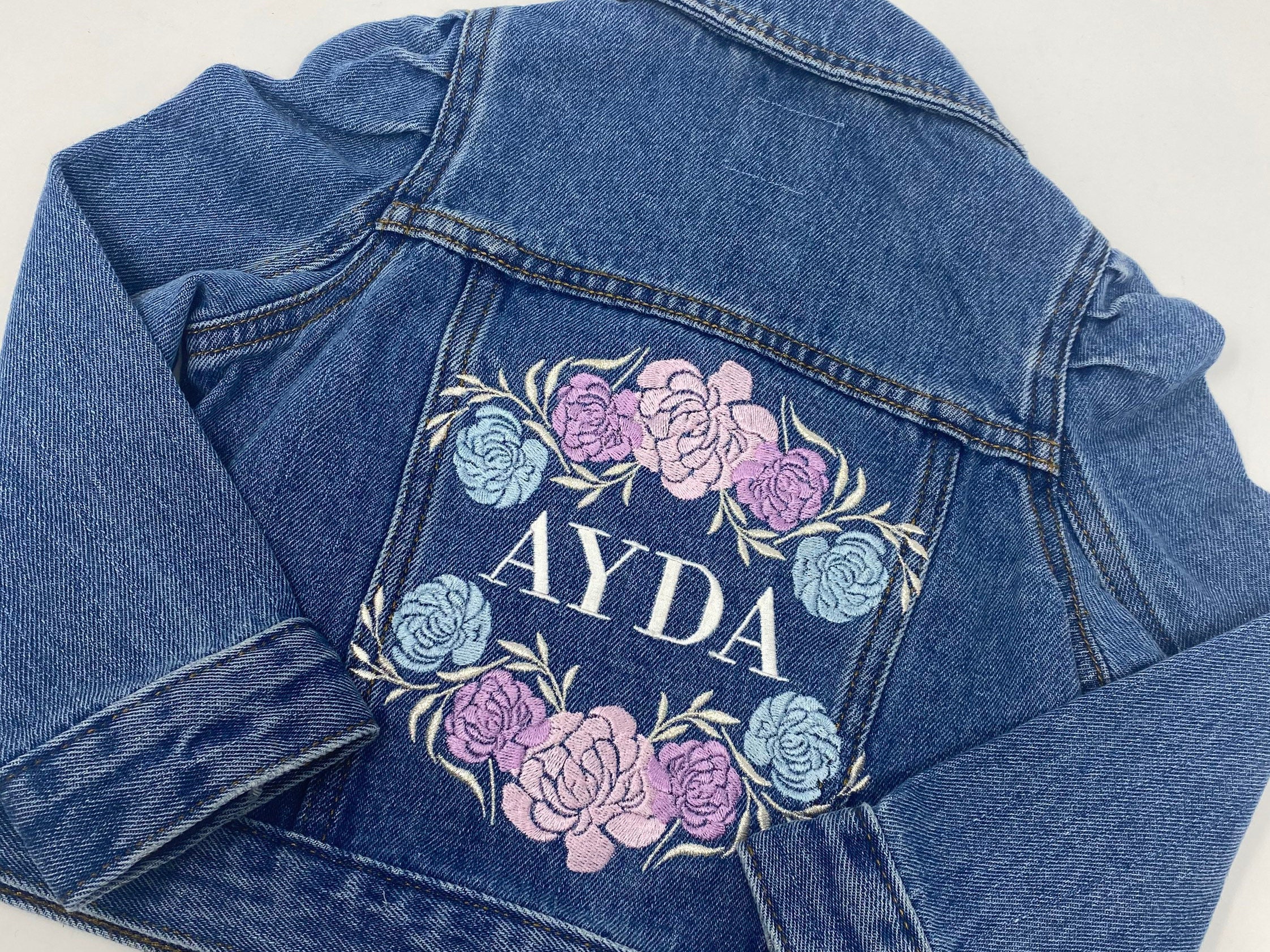 Denim Jean Jacket Pastel Flowers Embroidered Jacket | Etsy UK