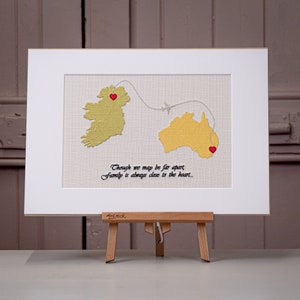 Embroidered map of Australia and Ireland, a sentimental moving away gift capturing the essence of family ties and the distance between loved ones