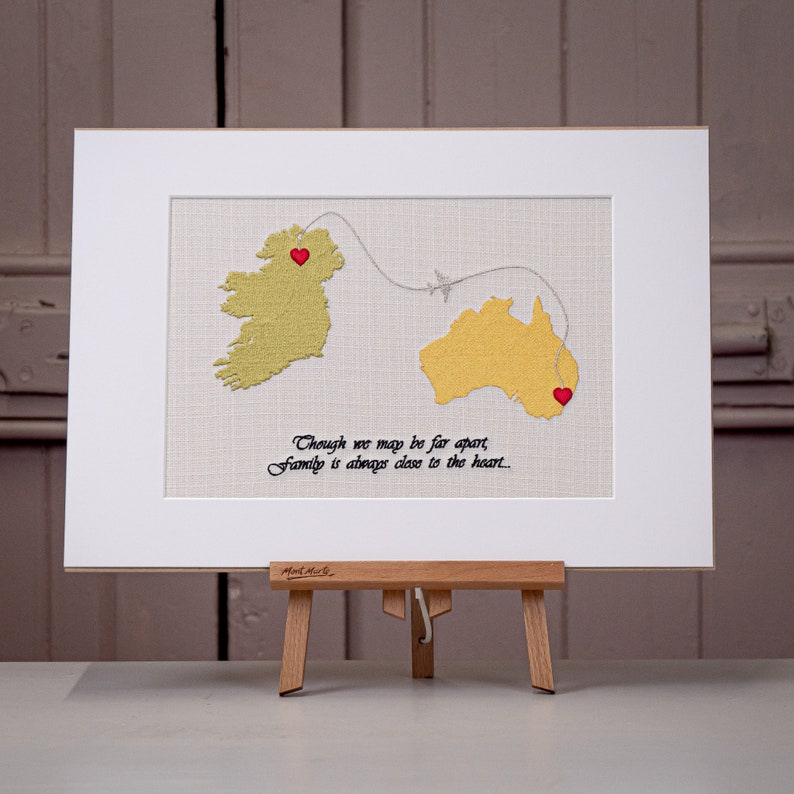 Embroidered map of Australia and Ireland, a sentimental moving away gift capturing the essence of family ties and the distance between loved ones