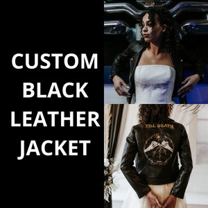 Custom women's leather jacket with embroidered wedding design