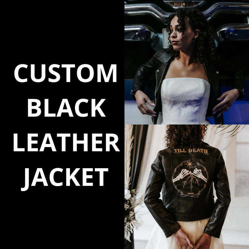 Custom women's leather jacket with embroidered wedding design