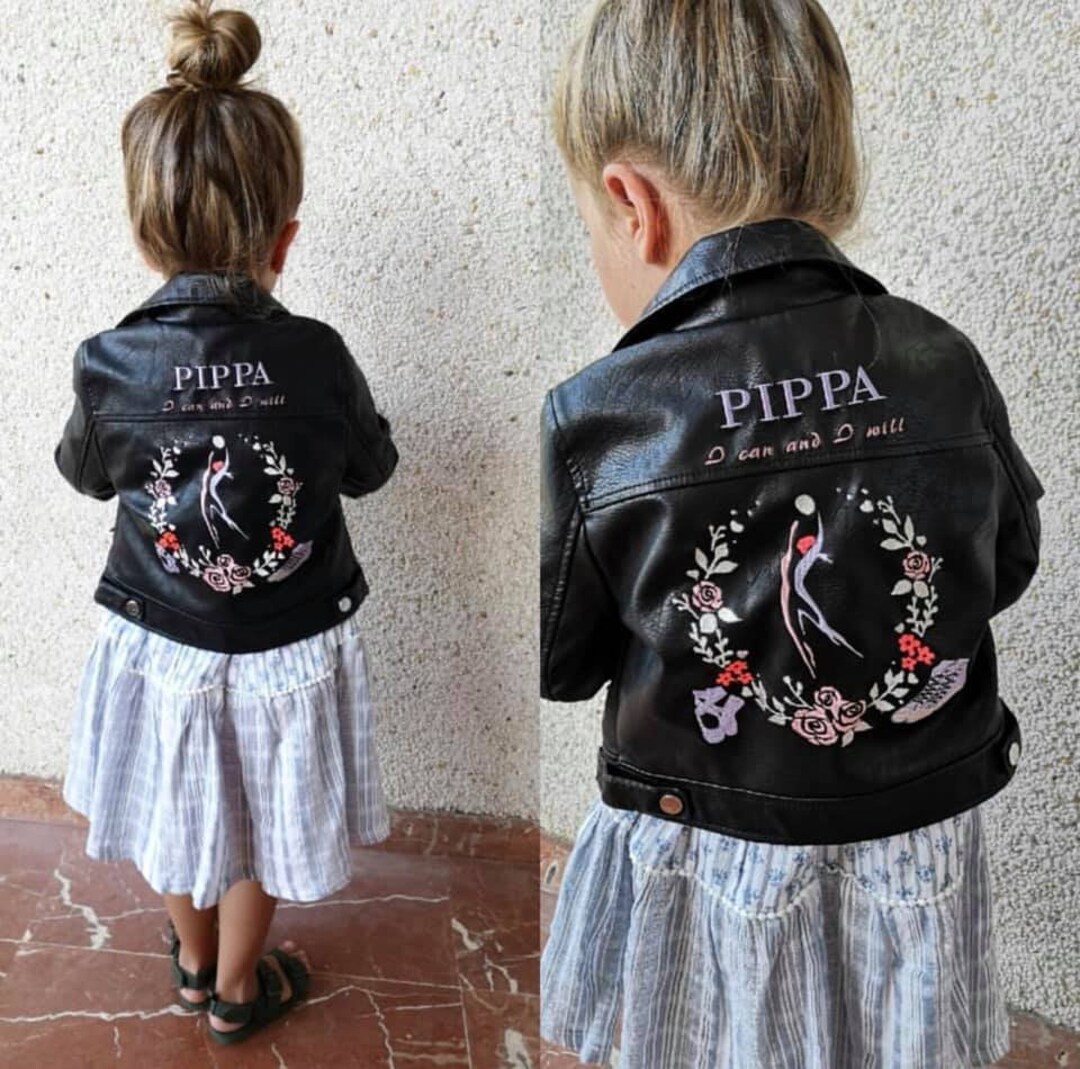 Custom Name Jacket Kid Leather Jacket Floral Wreath Flower Girl Jacket