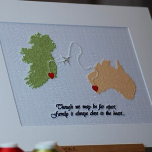 Cherish the bond across continents with this unique map embroidery: Australia and Ireland, a meaningful long-distance family gift