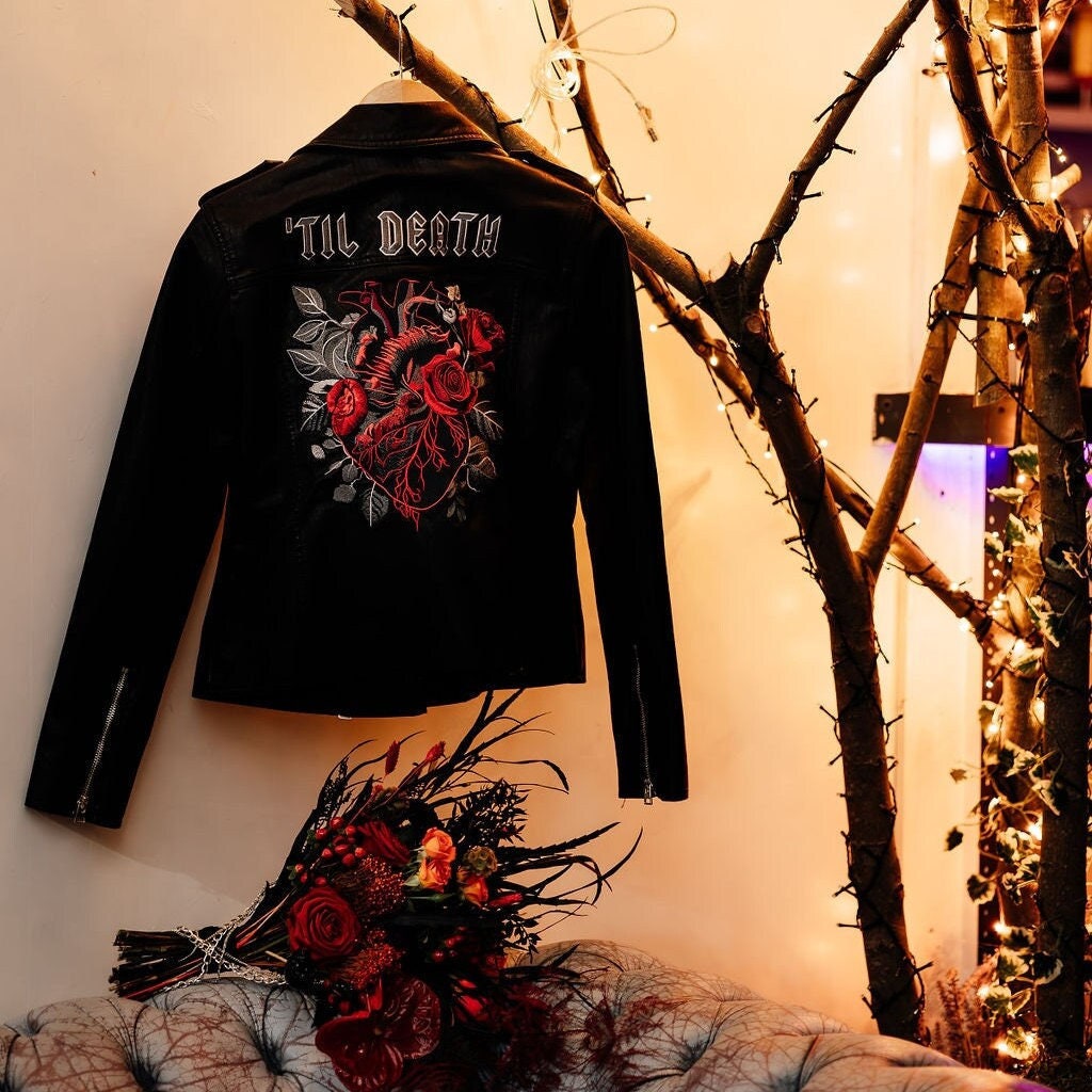 Black Leather Jacket Wedding Bride Jacket Gothic Wedding Bridal Cover Up Rock n Roll Wedding Bride Biker Jacket Embroidery Anatomical Heart