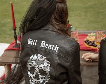 Gothic Wedding Jacket Skeleton Wedding Cover Up Til Death Do Us Part Leather Jacket Sugar Skull Wedding Rock n Roll Bride or Die Jacket