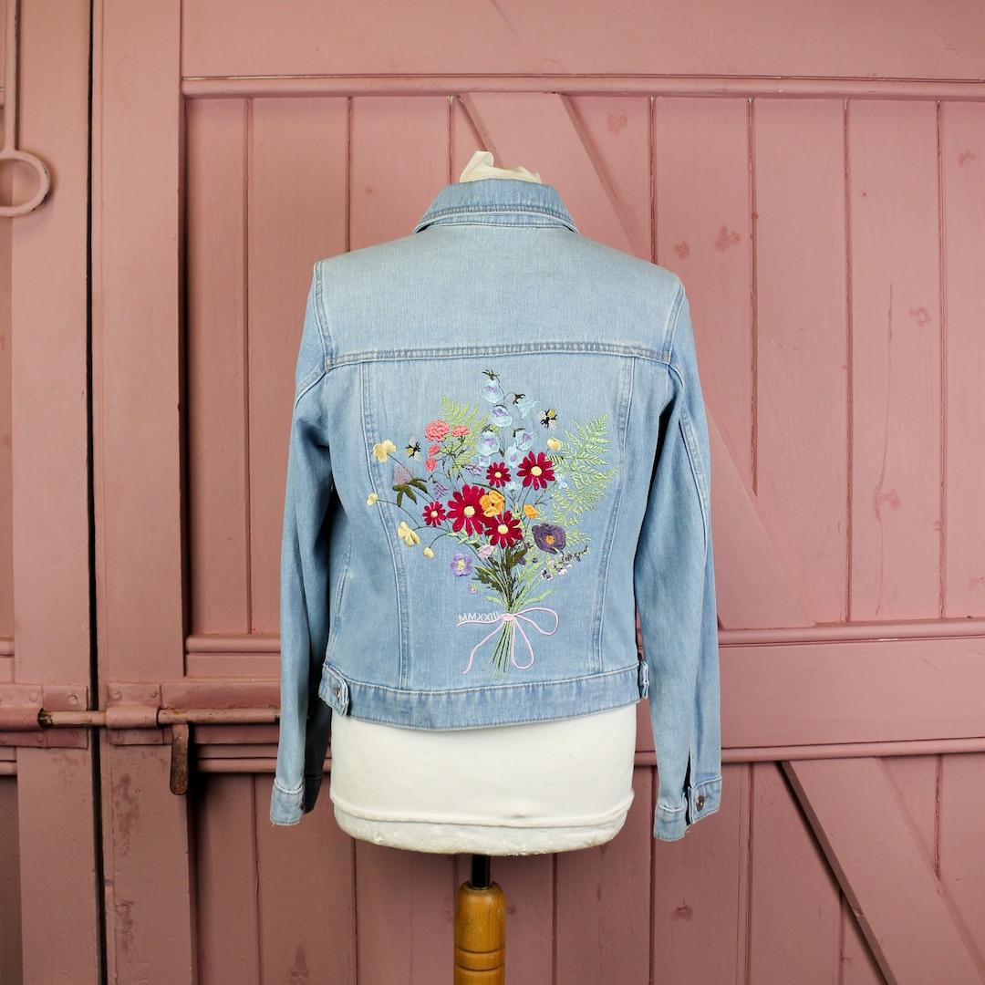 Flower Bouquet Custom Denim Jacket Bride Embroidered Wedding Etsy UK