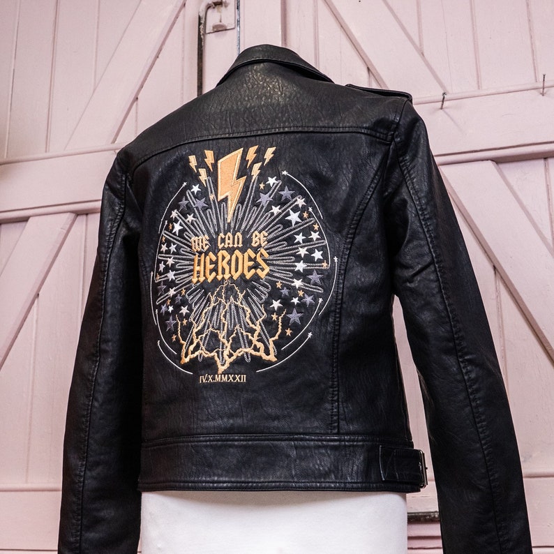 Embroidered wedding jacket featuring celestial motifs inspired by David Bowie's 'We Can Be Heroes'