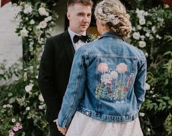 Custom Denim Jacket Something Blue Bridal Cover Up Custom Bride Jacket Wildflower Floral Design