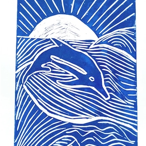 Linoleografia – Stampa artistica originale di un delfino, edizione limitata, intagliata e stampata a mano, pezzo unico, regalo ideale per gli amanti dell'arte