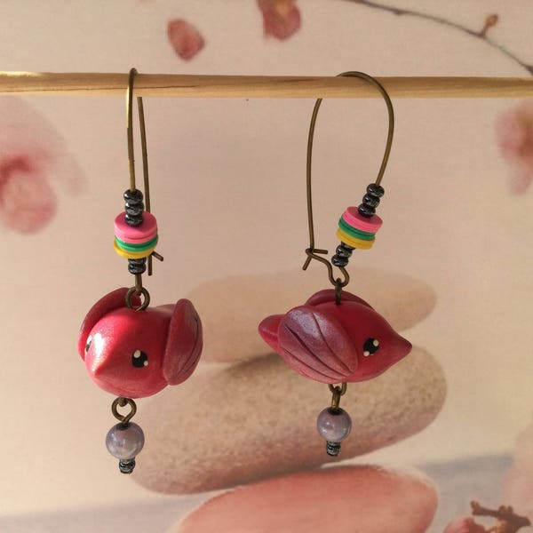 Birds, pink earrings, earrings polymer clay earrings