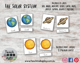 Nomenclatura del Sistema Solar / Tarjetas de 3 Partes / Tarjetas Flash Montessori