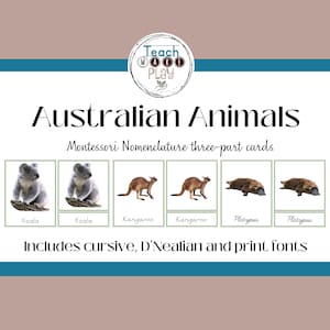 Australian Animals Nomenclature / 3-Part Cards / Montessori Flash Cards