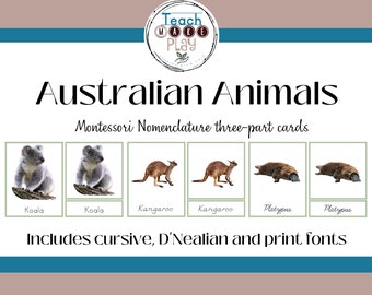 Australian Animals Nomenclature / 3-Part Cards / Montessori Flash Cards