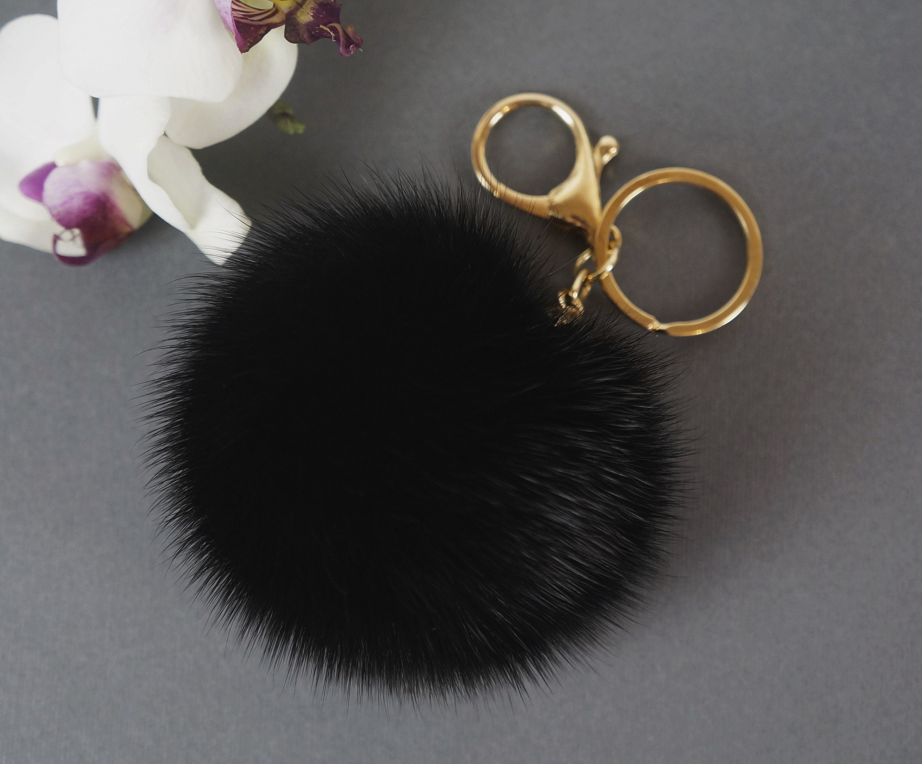 Small black fur keychain, Keychain pom pom, Mink pompom, Bag charm, Car key  ring, Fur ball, Pendant fur