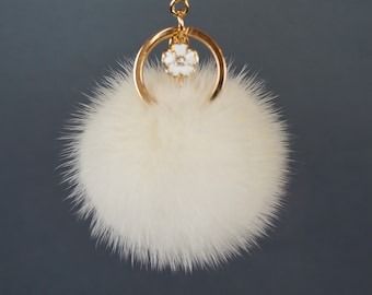 White Fur Pom Pom Keychain: Handmade Mink Bag Charm with Flower