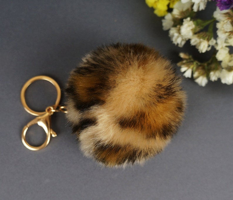 Fur pom pom keychain Faux leopard fur Faux fur keychain Fur Etsy