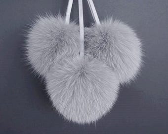 Grey Fox Fur Pom Pom: Detachable Hat Accessory (4-5.6")
