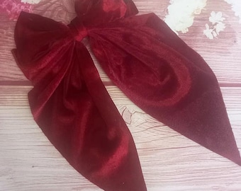 Velvet Hair Bow Barrette: Long Ribbon Tails Fashion Clip