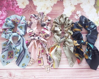 Satin Hair Scarf Scrunchie with Knot, Silk Ponytail Holder, Summer Bow Accessory