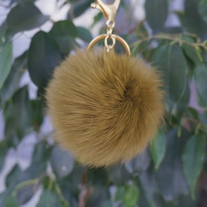 Fur keychain, Rabbit keychain, Olive color, Pom pom keychain, Bag charm, Keyring fluffy, Gift for her.