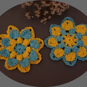 Flor de ganchillo, colores de Ucrania, juego de 2 piezas, flor de aplique, joya de flor, aplique de ganchillo, flor decorativa
