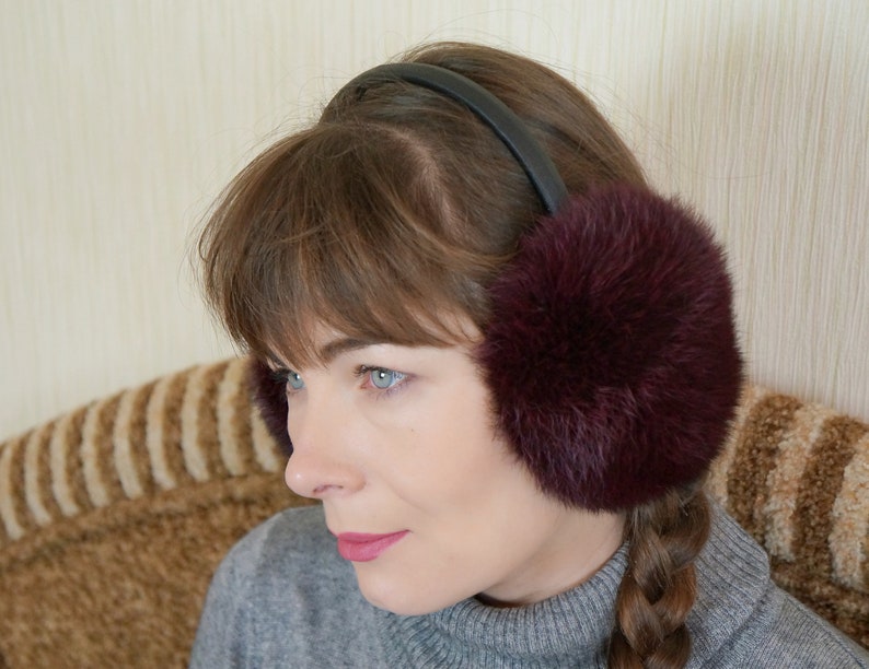 Rabbit fur burgundi Ear Warmers Fluffy ear muffs Earmuffs women Christmas gift Real fur earmuffs Gift for her.