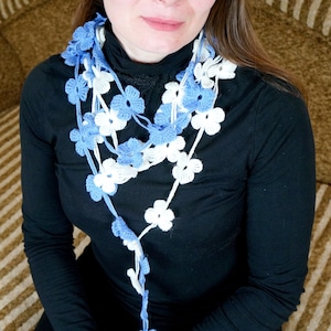 Crochet Flower Scarf: Wool Blend Lariat Necklace