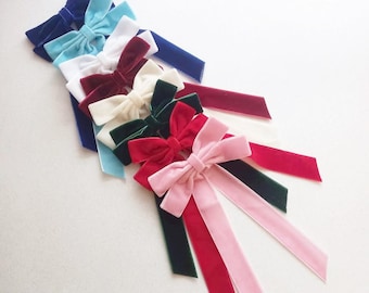 Velvet Hair Bow Barrette: Long Ribbon Tails Fashion Clip