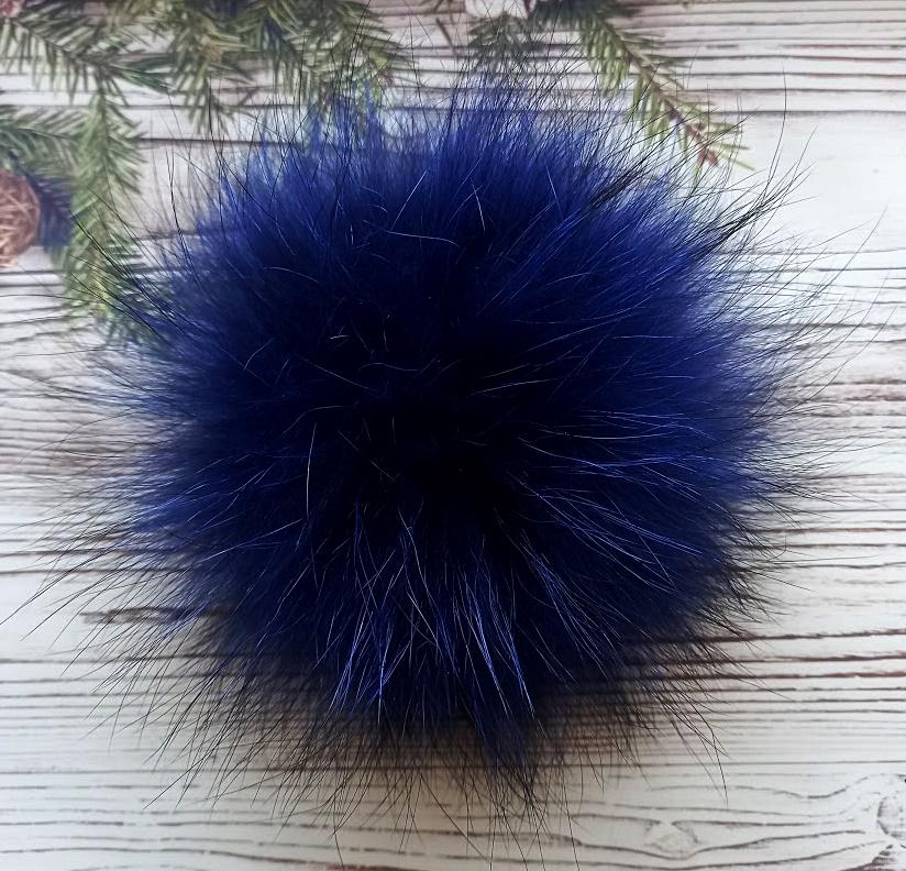Blue Raccoon Fur Pom Pom: Detachable Fluffy Hat Accessory (6-8.8")