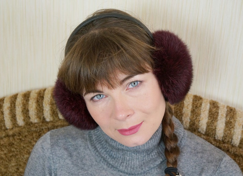 Rabbit fur burgundi Ear Warmers Fluffy ear muffs Earmuffs women Christmas gift Real fur earmuffs Gift for her.