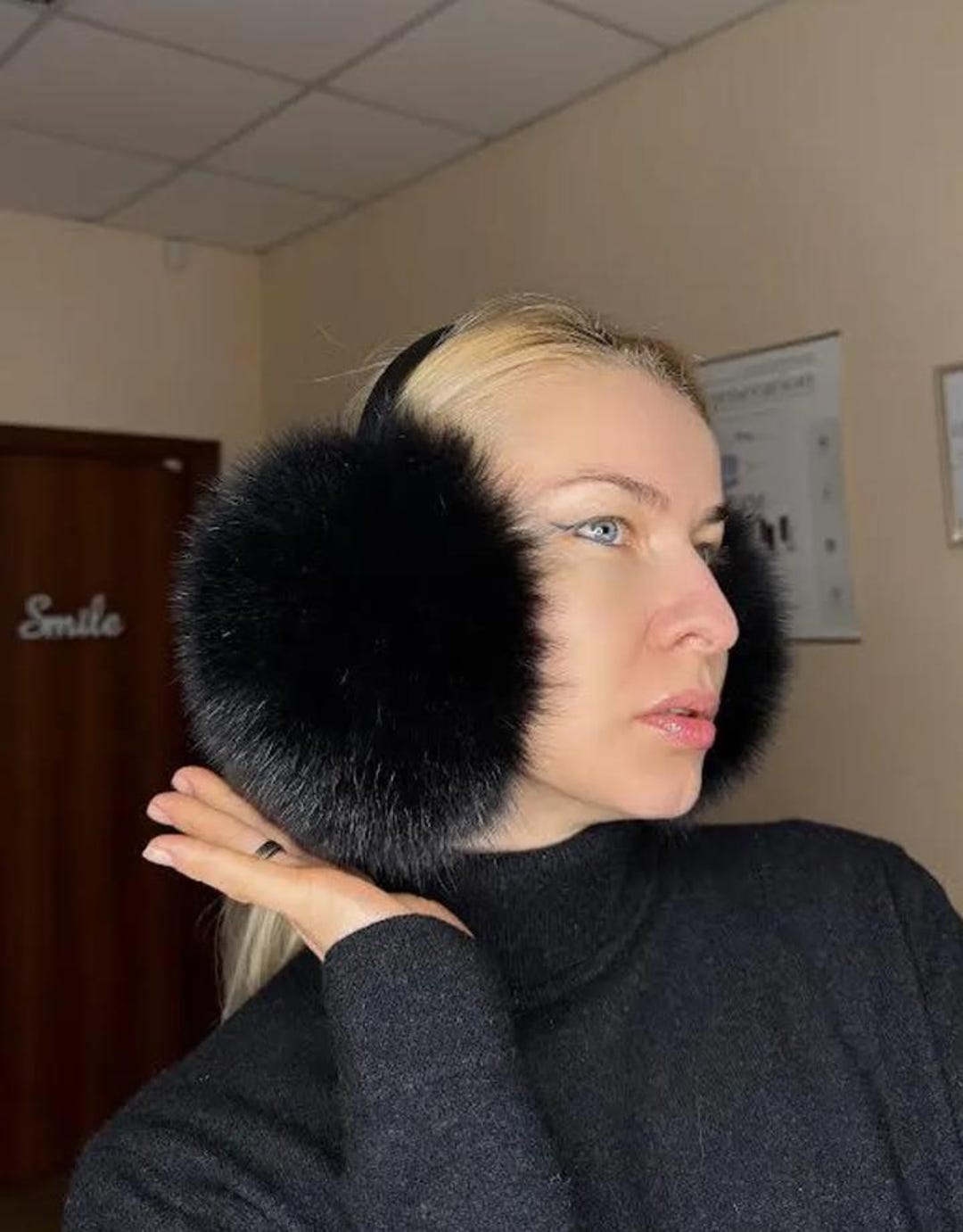 Black Fox Fur Earmuffs: Fluffy Winter Ear Warmers - Etsy display picture 1