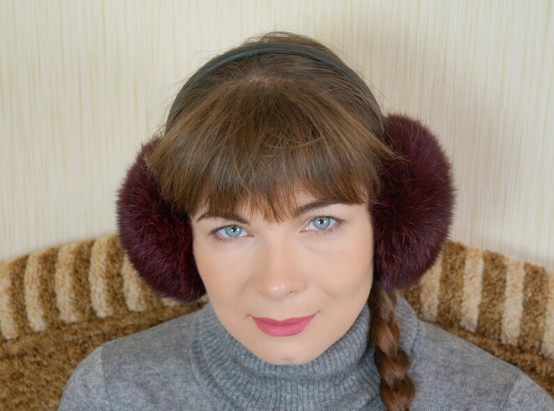 Rabbit fur burgundi Ear Warmers Fluffy ear muffs Earmuffs women Christmas gift Real fur earmuffs Gift for her.