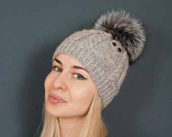 Eugenia Kim Soft Gray Angora Beanie Eugenia Kim Maddox Faux Fox Pom Beanie-Light Gray (Hats  main image 4