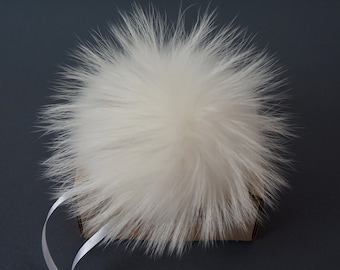 Raccoon White Fur Pom Pom: Detachable Hat Accessory