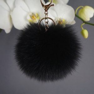 Fur keychain, Fur pom pom keychain, Black keychain, Fox fur keychain,  Bag charm, Black fur keychain, Keyring fluffy.