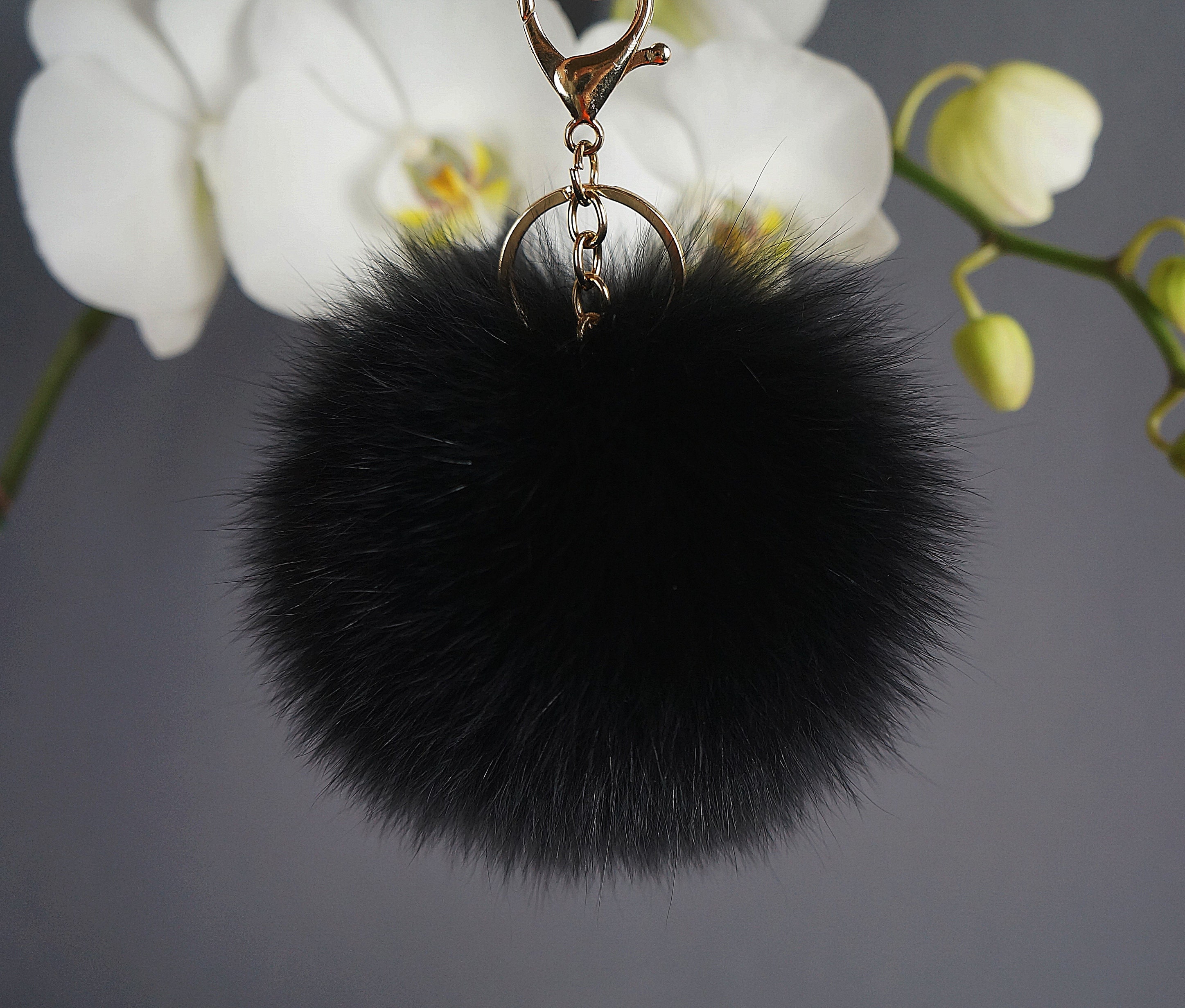 Handmade Black Fox Fur Pom Pom Keychain: Fluffy Bag Charm - Etsy