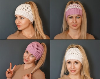 Crochet Ponytail Beanie, Messy Bun Hat for Women