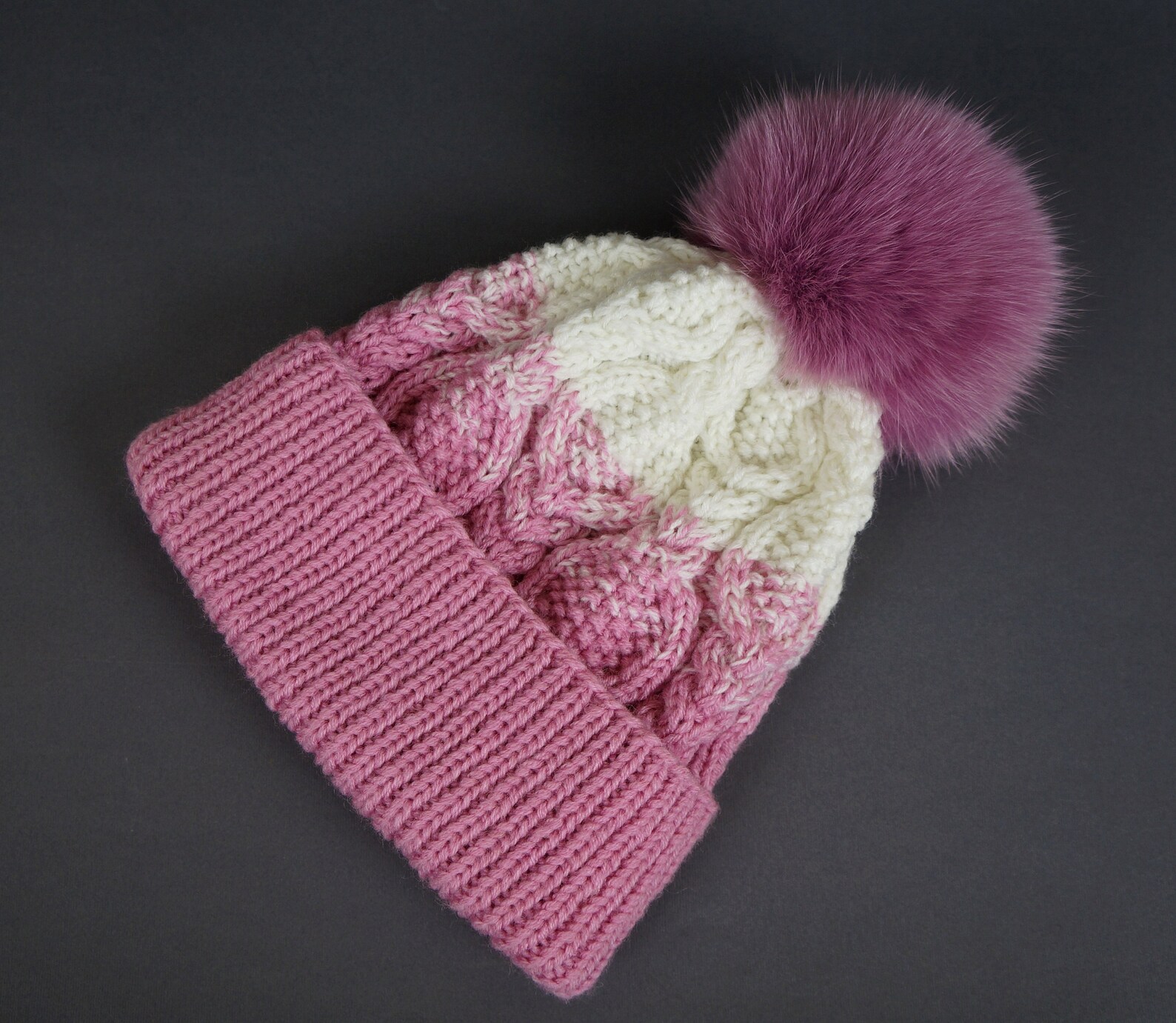 Knit Hat With Fur Pom Pom Pink Knit Hat Hat With Lapel Girl Etsy