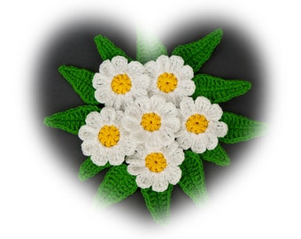 Crochet flowers appliques, Flower 6 pcs & Leaves 12 pcs, Applique, Flower daisy, Flower jewelry, Crochet applique, Decorate flower