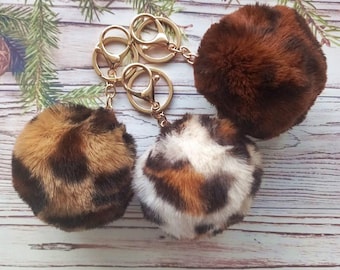 Leopard Kunstfell Pom Pom Schlüsselanhänger: Taschenanhänger Schlüsselanhänger