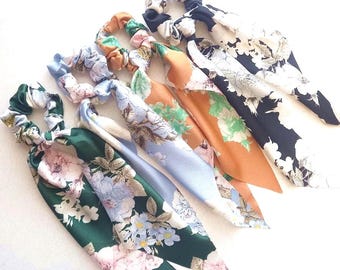 floral scrunchies, scarf with knot, hair scrunchies, knot scrunchie, scarf for hair, boho accessory, bow scrunchie, scarf scrunchie
