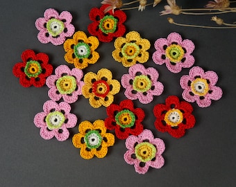 Crochet flower, Set 15 pcs, Mixed colors, Applique flower, Sewing or craft,  Flower jewelry, Crochet applique, Decorate flower