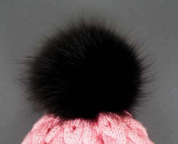 6 Pink fox pom pom for hat with ribbons