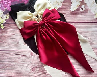 Large Satin Hair Bow: Long Ribbon Clip-in Fashion Bow