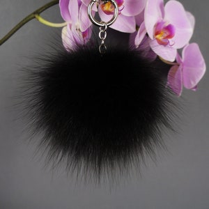 Fur keychain, Fur pom pom keychain, Black keychain, Fox fur keychain,  Bag charm, Black fur keuchain, Keyring fluffy