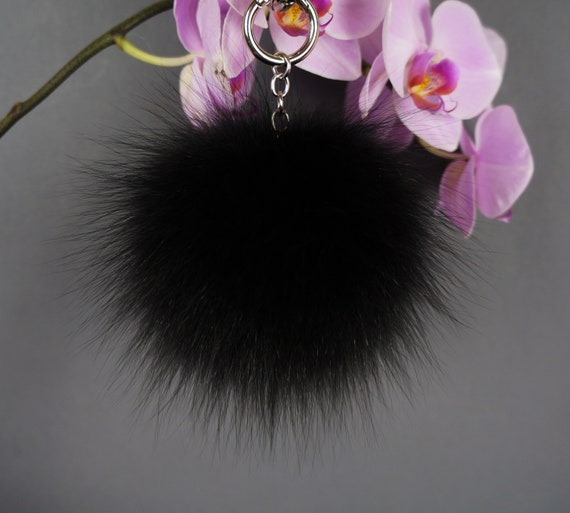 Fox Fur Pom Pom keychain, black and purple strings Purple Fox Fur Pompom Keychain, Handmade Bag Charm - Etsy main image 2