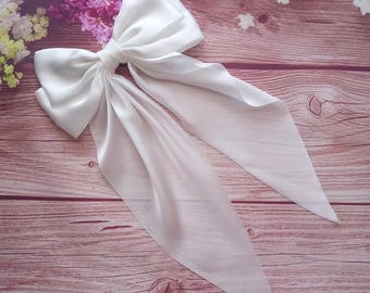 Large White Satin Hair Bow with Long Ribbon Tails